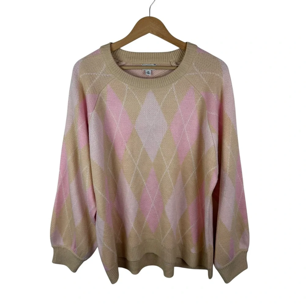 NWT Crown & Ivy Argyle Jacquard Crew Neck Sweater‎ Size 2X Coquette Preppy Comfy